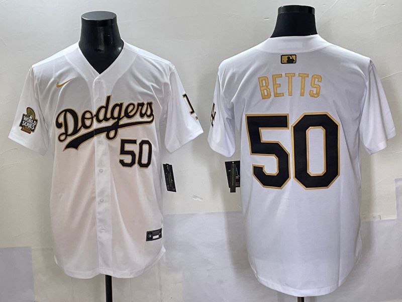 Men 2025 Los Angeles Dodgers #50 Betts White Gold Nike MLB Jersey style 6274->los angeles dodgers->MLB Jersey